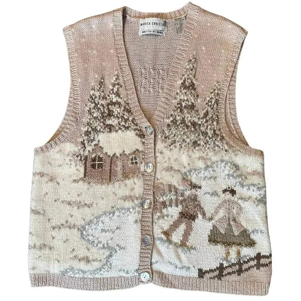 Marisa Christina Hand Knit Ice Skating People Scene Wool Angora Vest‎